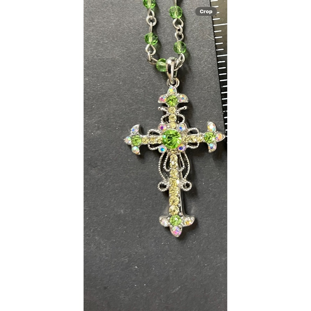 Vintage Style Green Rhinestone Gothic Cross Necklace Silver Tone Beaded Chain